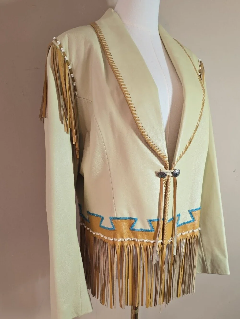 Fringed Pale Yellow Faux Leather Jacket with Turquoise Trim - Picture 4 of 15